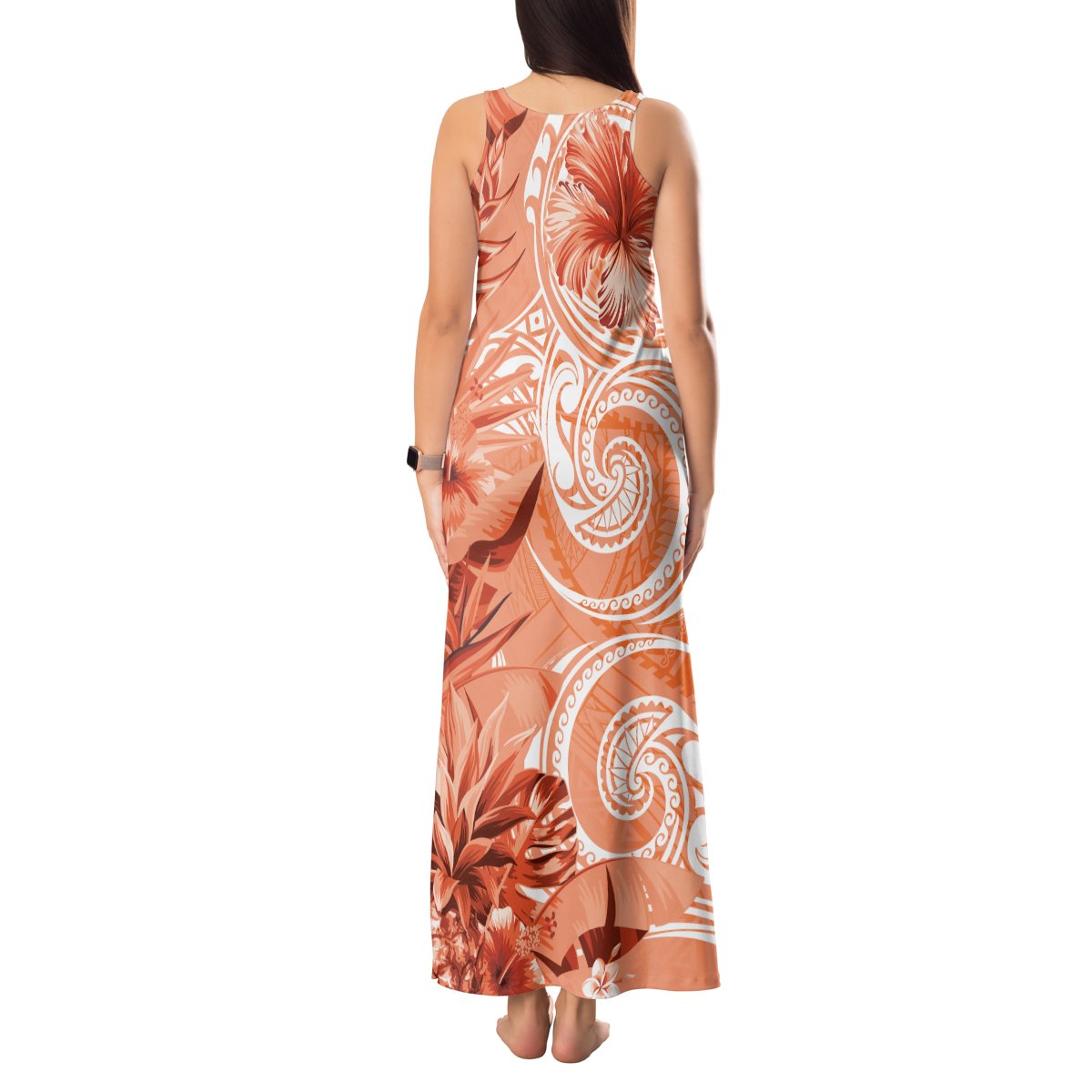 Polynesian Hibiscus Flower Tribal Tank Maxi Dress Peach Color LT9 - Polynesian Pride