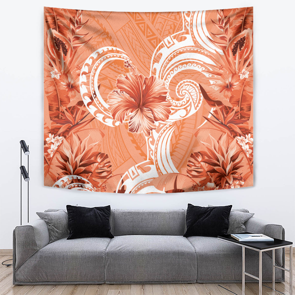 Polynesian Hibiscus Flower Tribal Tapestry Peach Color