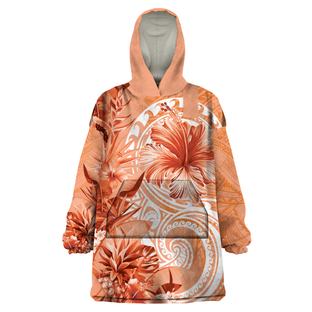 Polynesian Hibiscus Flower Tribal Wearable Blanket Hoodie Peach Color LT9 One Size Peach - Polynesian Pride