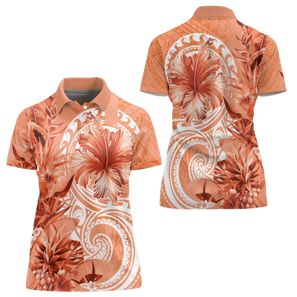 Polynesian Hibiscus Flower Tribal Women Polo Shirt Peach Color