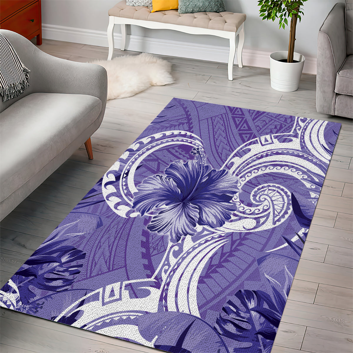 Polynesian Hibiscus Flower Tribal Area Rug Violet Color