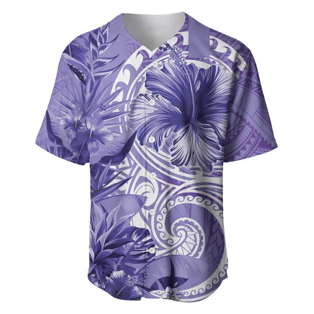 Polynesian Hibiscus Flower Tribal Baseball Jersey Violet Color