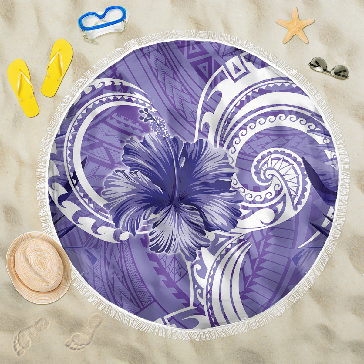Polynesian Hibiscus Flower Tribal Beach Blanket Violet Color LT9 One Size 150cm Violet - Polynesian Pride