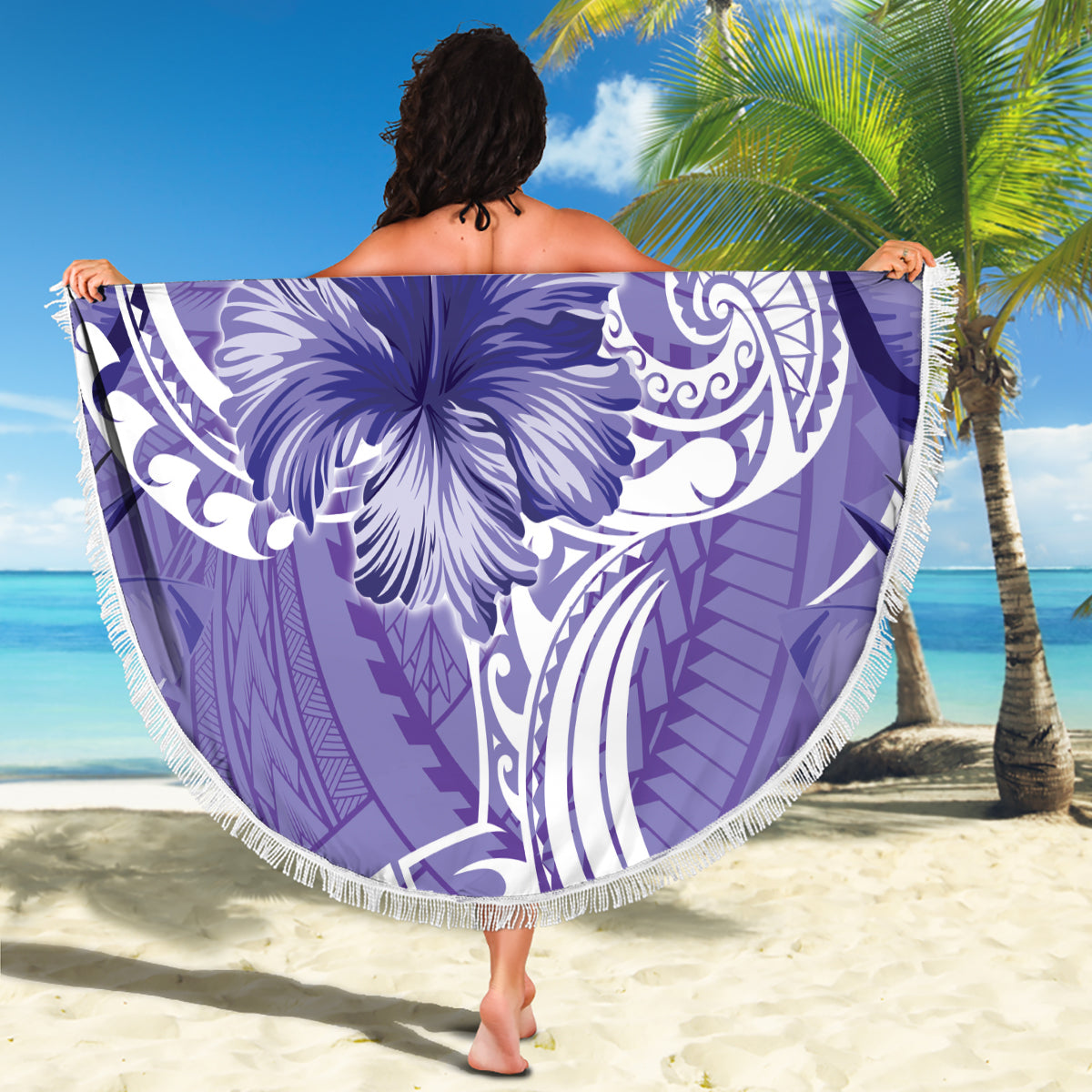 Polynesian Hibiscus Flower Tribal Beach Blanket Violet Color LT9 - Polynesian Pride