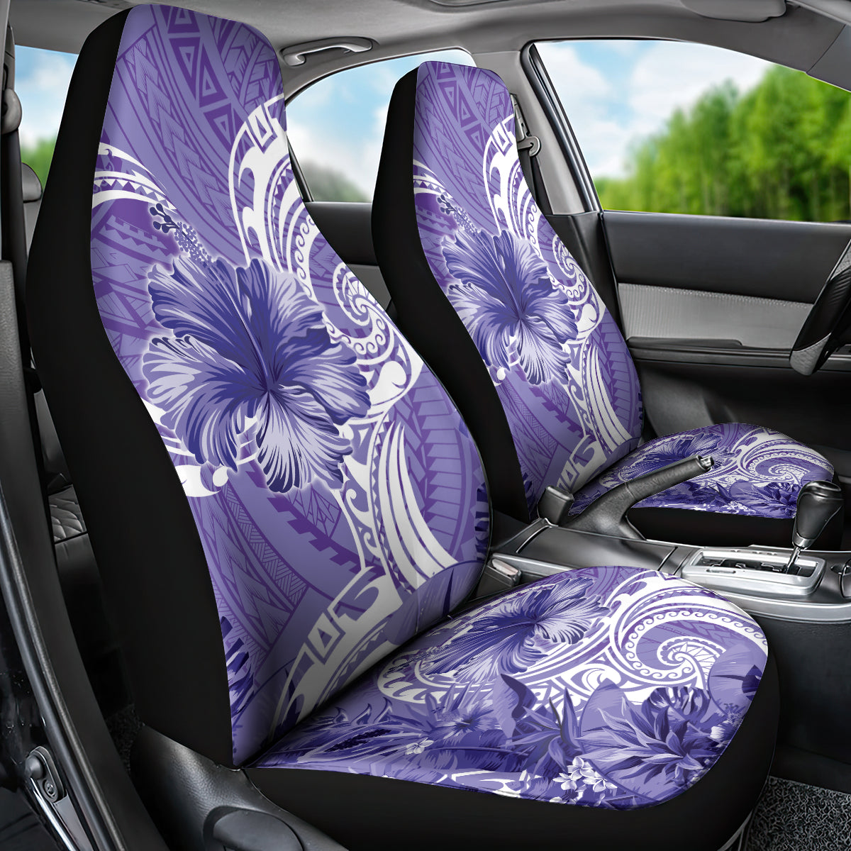 Polynesian Hibiscus Flower Tribal Car Seat Cover Violet Color