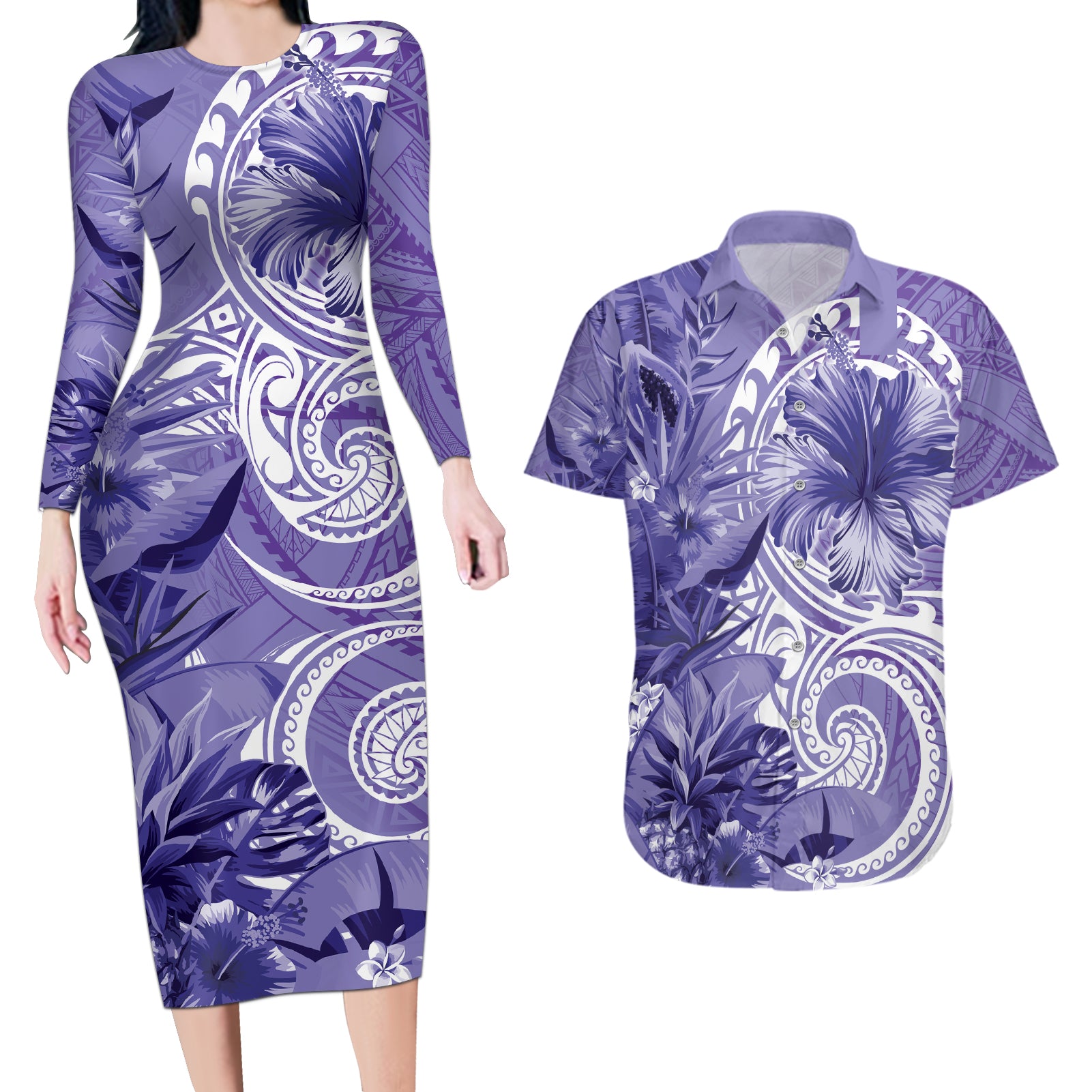 Polynesian Hibiscus Flower Tribal Couples Matching Long Sleeve Bodycon Dress and Hawaiian Shirt Violet Color