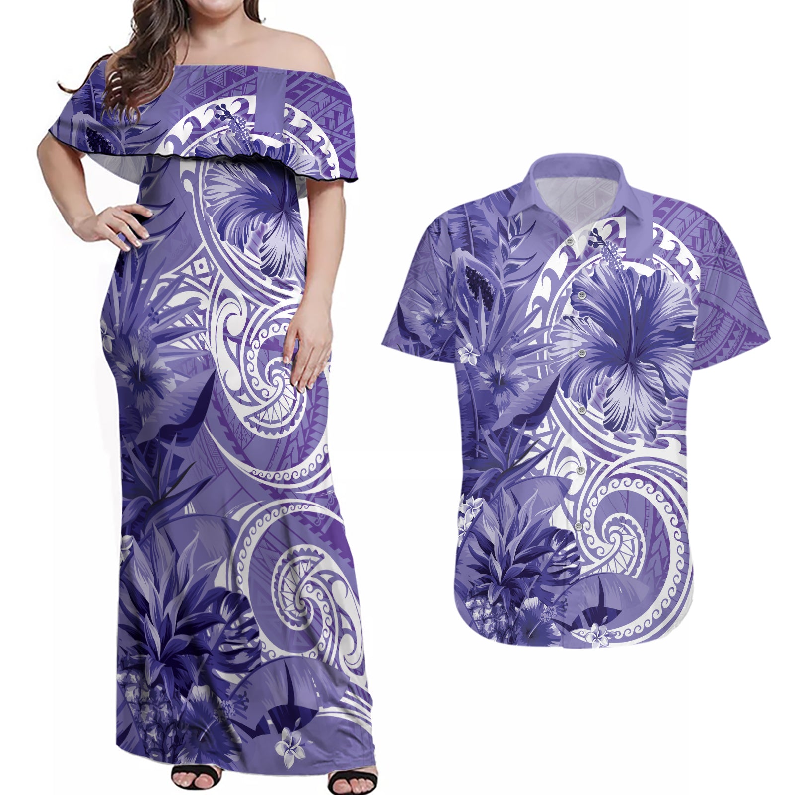 Polynesian Hibiscus Flower Tribal Couples Matching Off Shoulder Maxi Dress and Hawaiian Shirt Violet Color