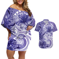 Polynesian Hibiscus Flower Tribal Couples Matching Off Shoulder Short Dress and Hawaiian Shirt Violet Color