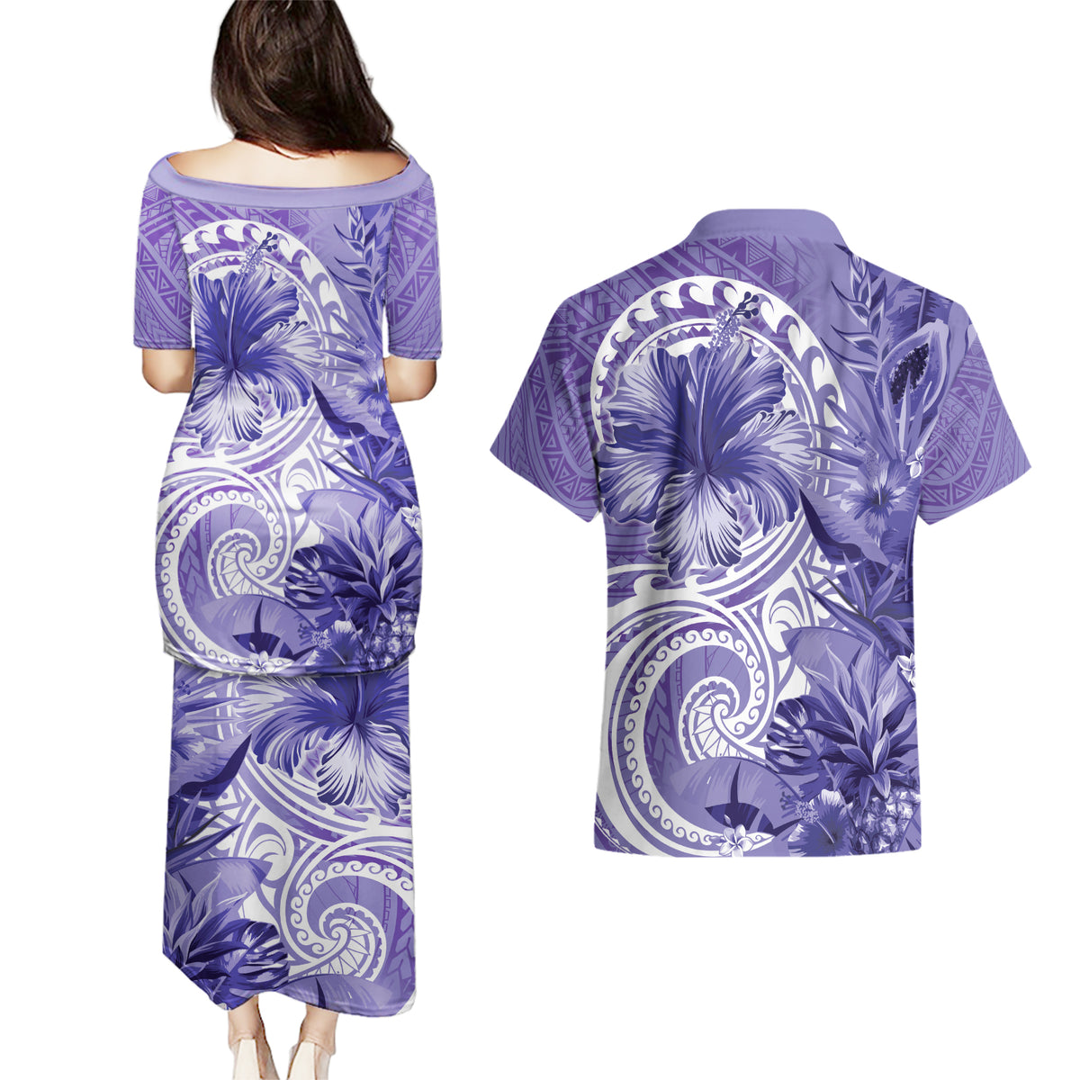Polynesian Hibiscus Flower Tribal Couples Matching Puletasi and Hawaiian Shirt Violet Color