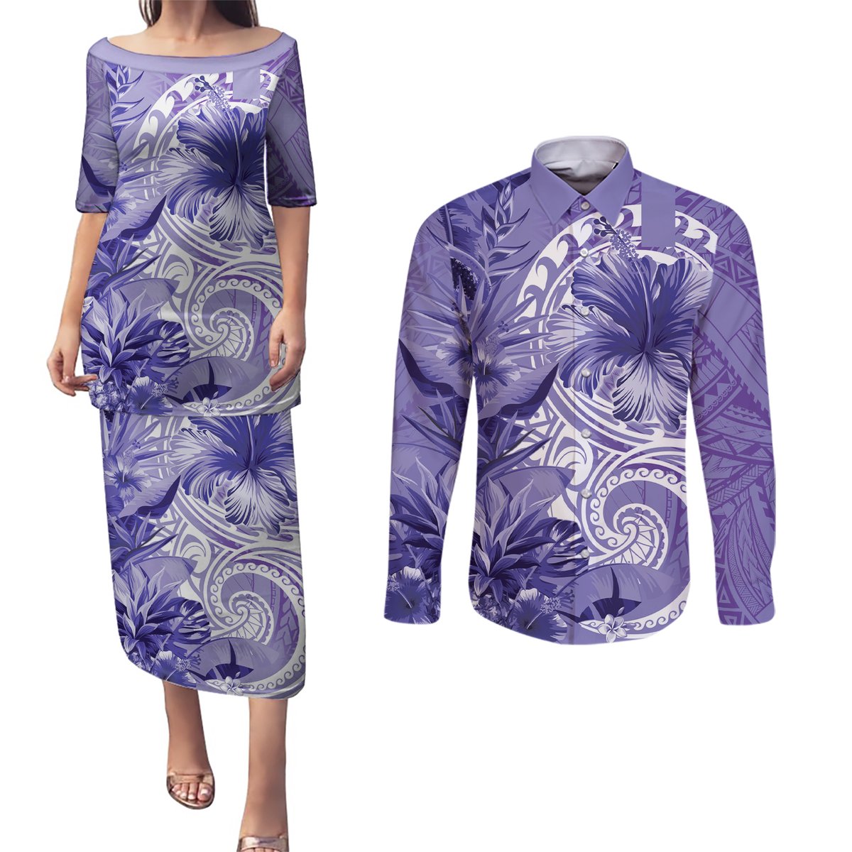 Polynesian Hibiscus Flower Tribal Couples Matching Puletasi and Long Sleeve Button Shirt Violet Color LT9 Violet - Polynesian Pride