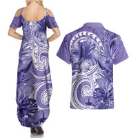 Polynesian Hibiscus Flower Tribal Couples Matching Summer Maxi Dress and Hawaiian Shirt Violet Color