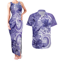Polynesian Hibiscus Flower Tribal Couples Matching Tank Maxi Dress and Hawaiian Shirt Violet Color