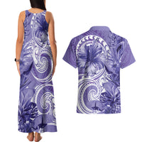 Polynesian Hibiscus Flower Tribal Couples Matching Tank Maxi Dress and Hawaiian Shirt Violet Color