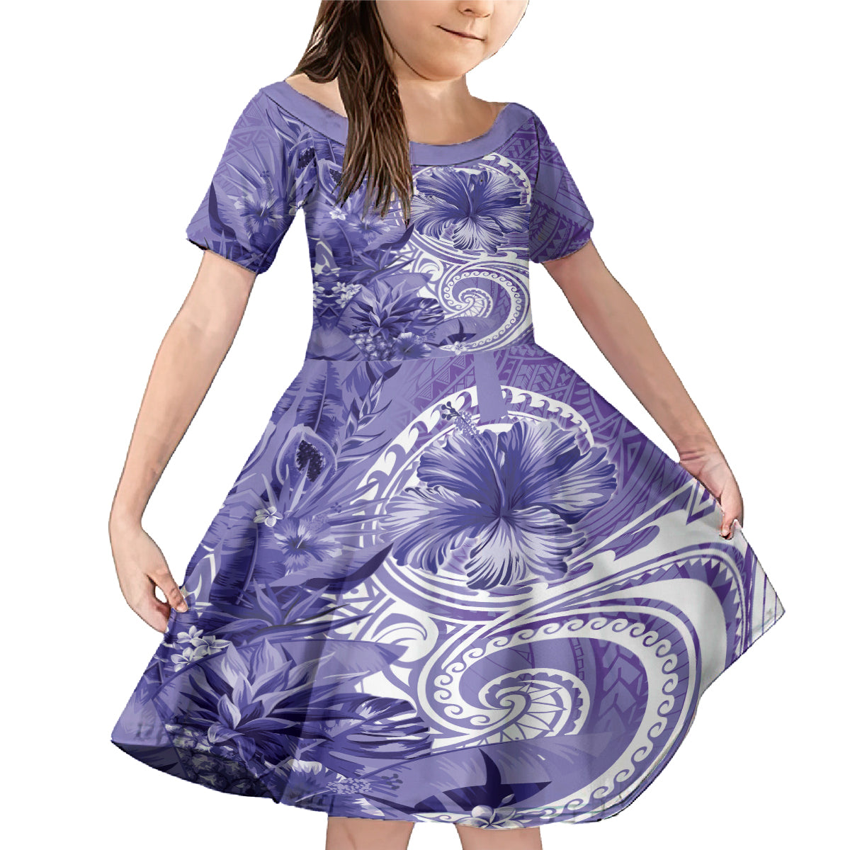 Polynesian Hibiscus Flower Tribal Family Matching Mermaid Dress and Hawaiian Shirt Violet Color
