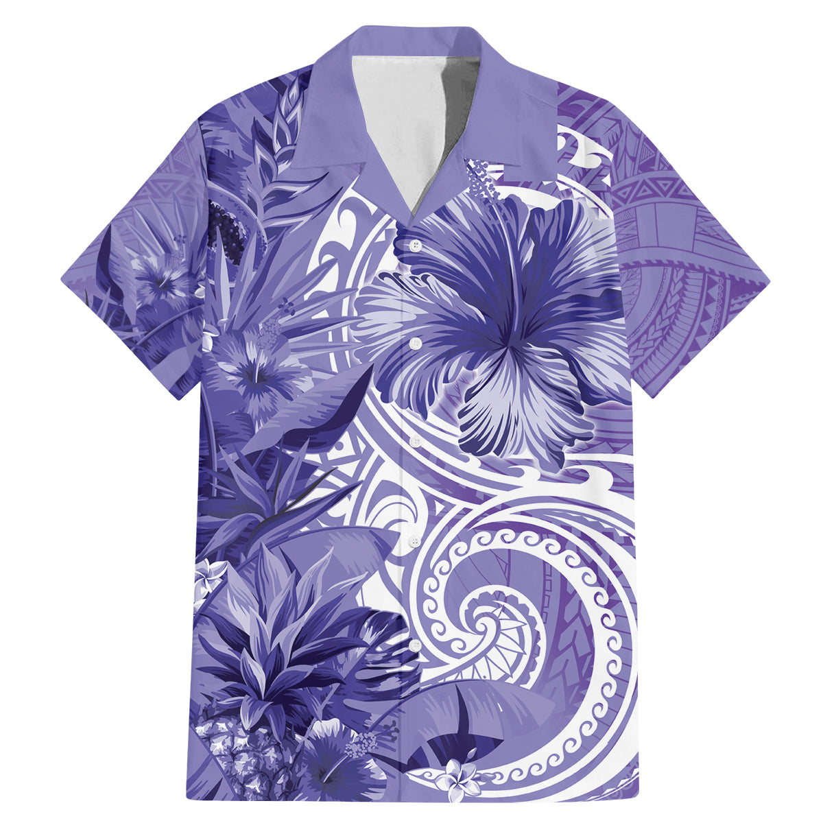 Polynesian Hibiscus Flower Tribal Family Matching Mermaid Dress and Hawaiian Shirt Violet Color