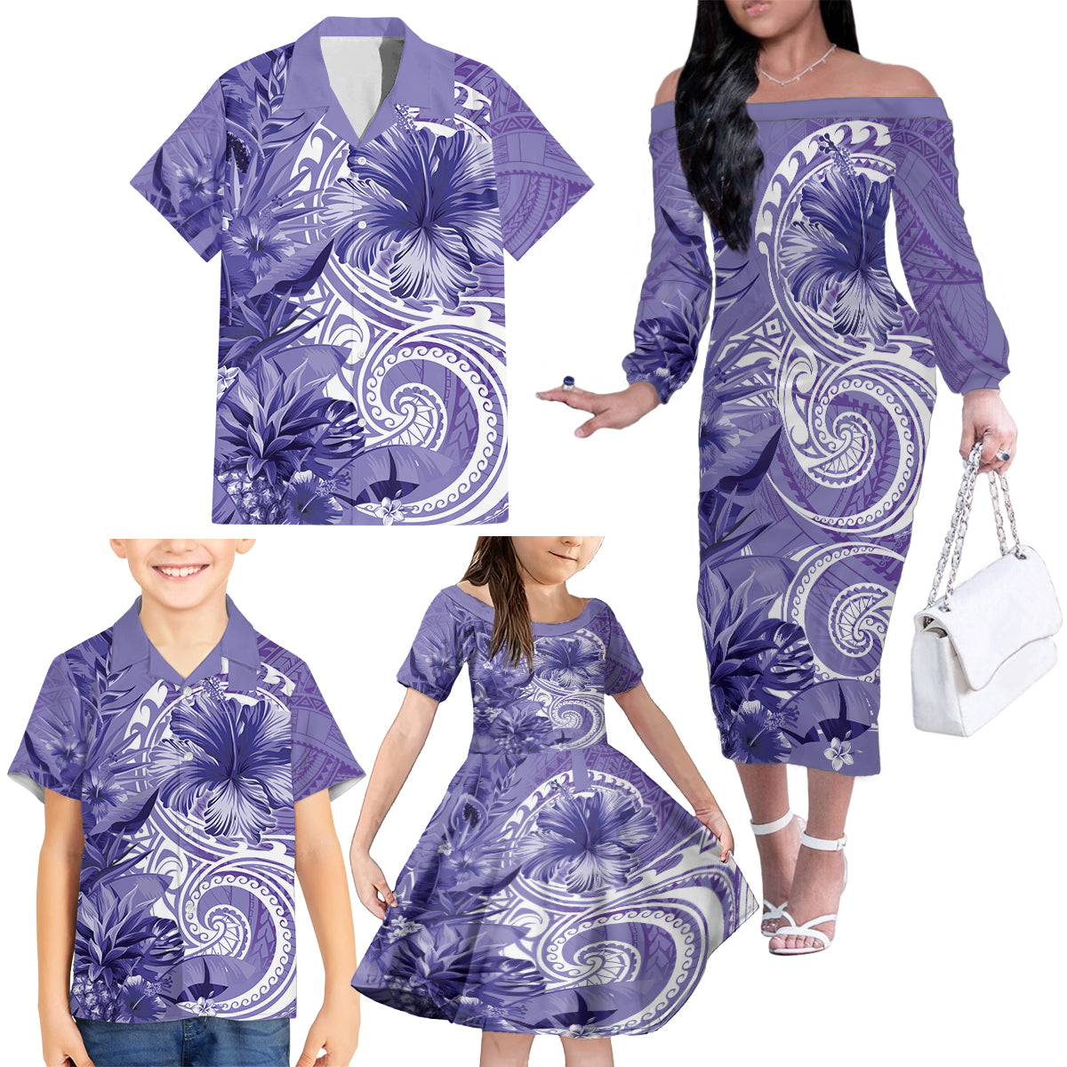 Polynesian Hibiscus Flower Tribal Family Matching Off The Shoulder Long Sleeve Dress and Hawaiian Shirt Violet Color