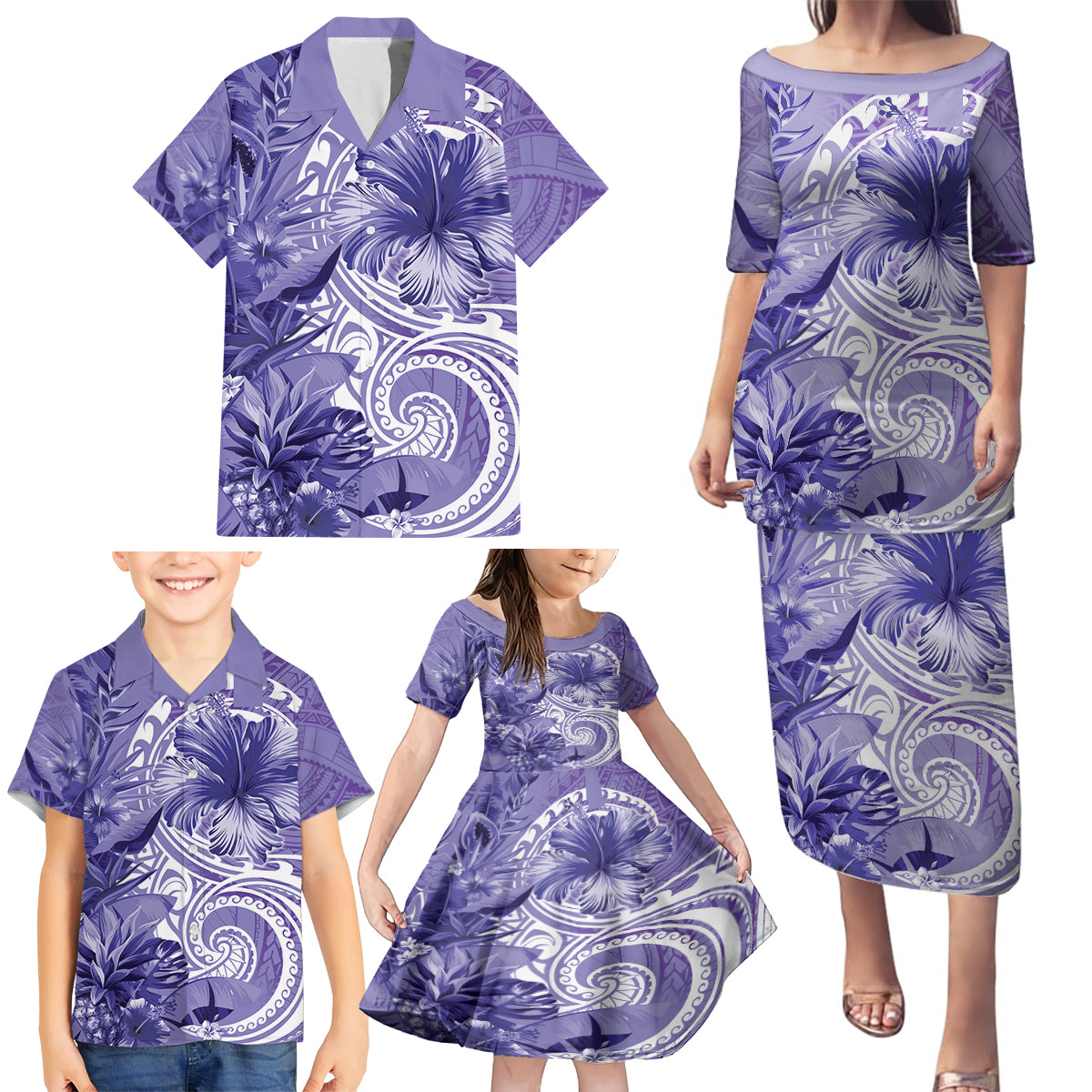 Polynesian Hibiscus Flower Tribal Family Matching Puletasi and Hawaiian Shirt Violet Color