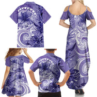 Polynesian Hibiscus Flower Tribal Family Matching Summer Maxi Dress and Hawaiian Shirt Violet Color