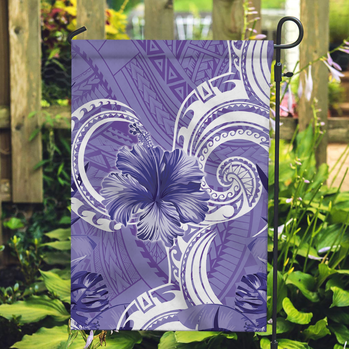 Polynesian Hibiscus Flower Tribal Garden Flag Violet Color