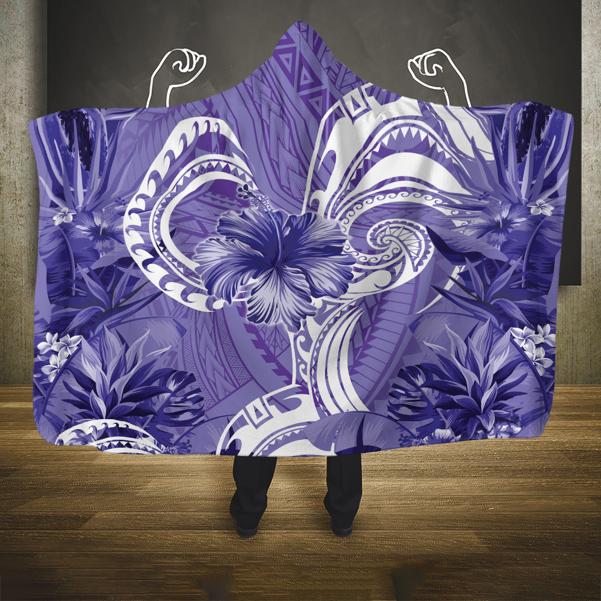 Polynesian Hibiscus Flower Tribal Hooded Blanket Violet Color LT9 One Size Violet - Polynesian Pride