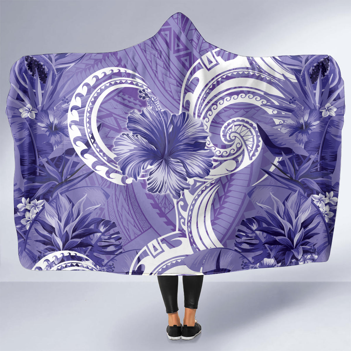 Polynesian Hibiscus Flower Tribal Hooded Blanket Violet Color LT9 - Polynesian Pride