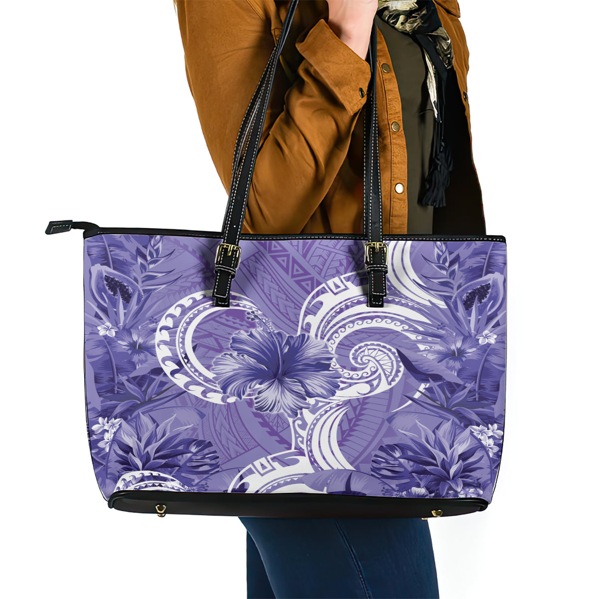 Polynesian Hibiscus Flower Tribal Leather Tote Bag Violet Color LT9 - Polynesian Pride