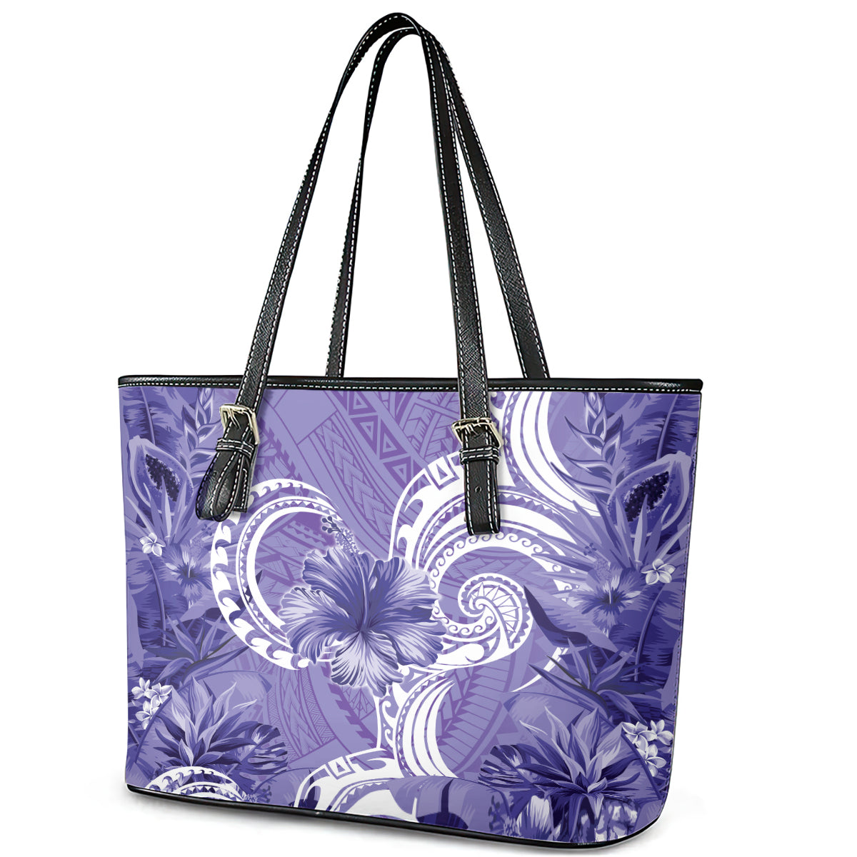 Polynesian Hibiscus Flower Tribal Leather Tote Bag Violet Color LT9 - Polynesian Pride