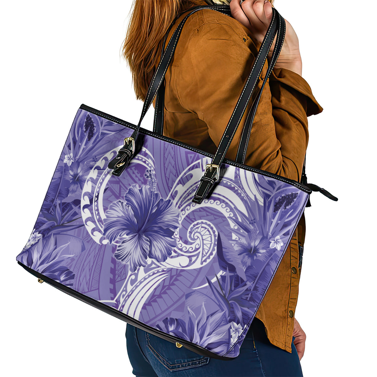 Polynesian Hibiscus Flower Tribal Leather Tote Bag Violet Color LT9 - Polynesian Pride