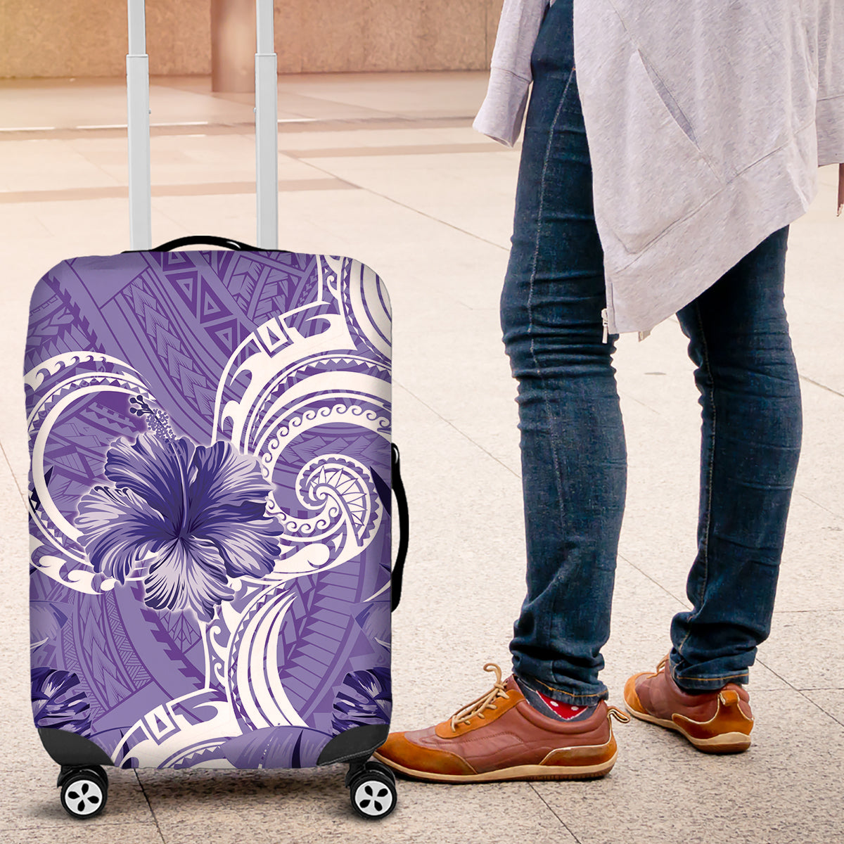 Polynesian Hibiscus Flower Tribal Luggage Cover Violet Color