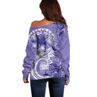 Polynesian Hibiscus Flower Tribal Off Shoulder Sweater Violet Color
