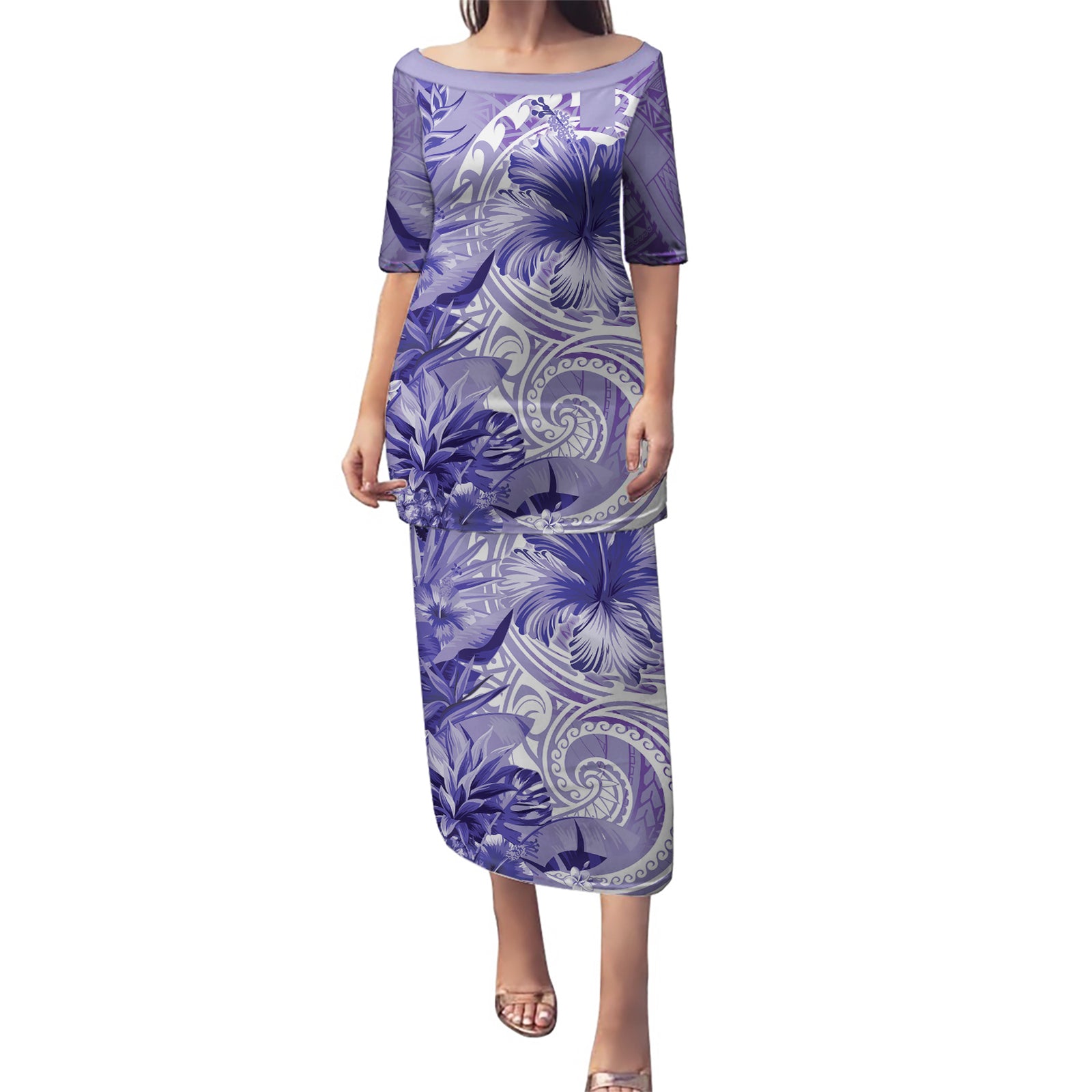 Polynesian Hibiscus Flower Tribal Puletasi Violet Color LT9 Long Dress Violet - Polynesian Pride