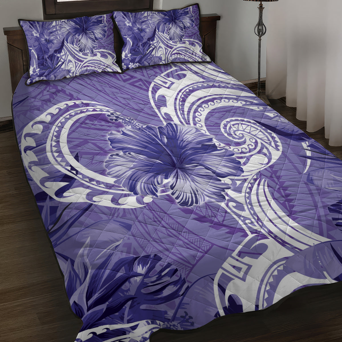 Polynesian Hibiscus Flower Tribal Quilt Bed Set Violet Color LT9 Violet - Polynesian Pride