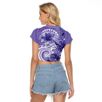 Polynesian Hibiscus Flower Tribal Raglan Cropped T Shirt Violet Color