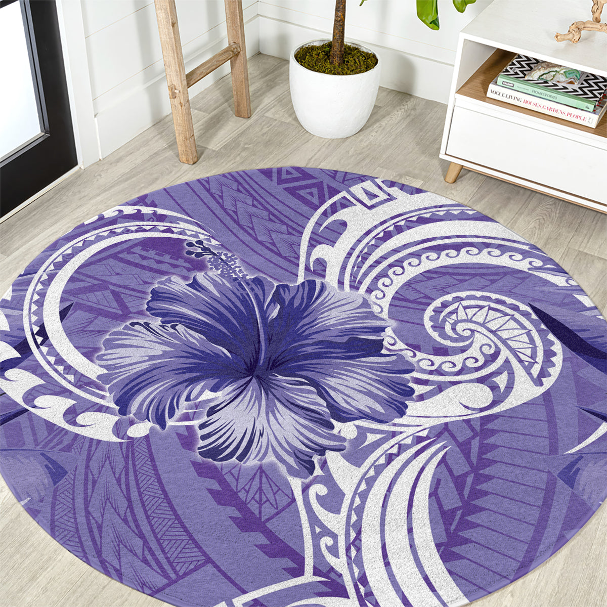 Polynesian Hibiscus Flower Tribal Round Carpet Violet Color