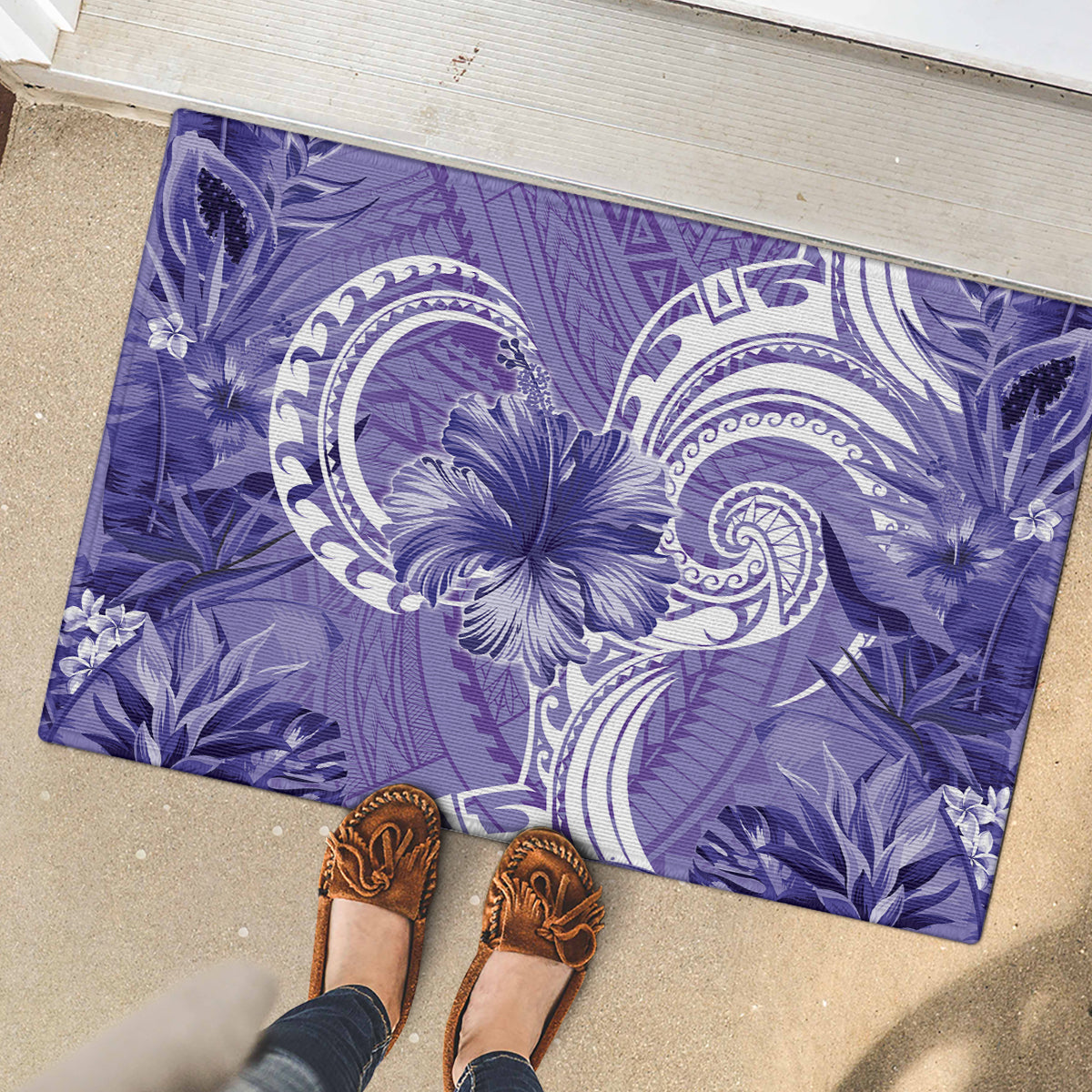 Polynesian Hibiscus Flower Tribal Rubber Doormat Violet Color LT9 - Polynesian Pride