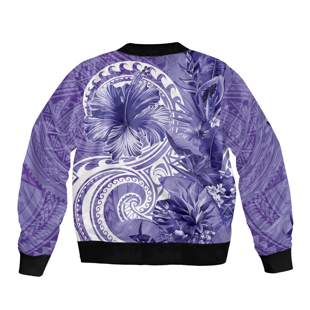 Polynesian Hibiscus Flower Tribal Sleeve Zip Bomber Jacket Violet Color LT9 - Polynesian Pride