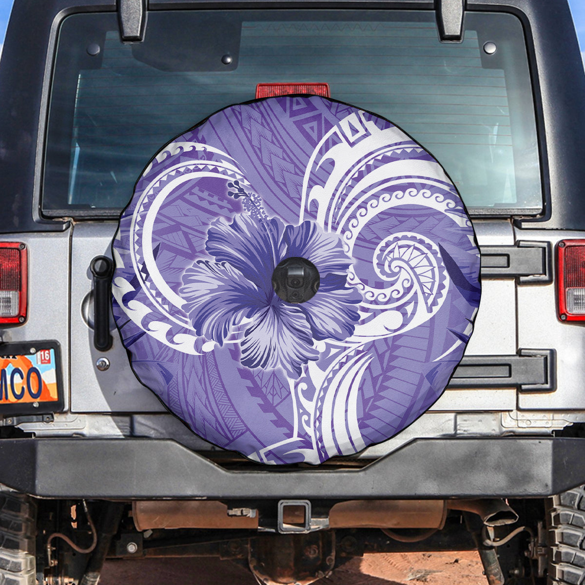 Polynesian Hibiscus Flower Tribal Spare Tire Cover Violet Color