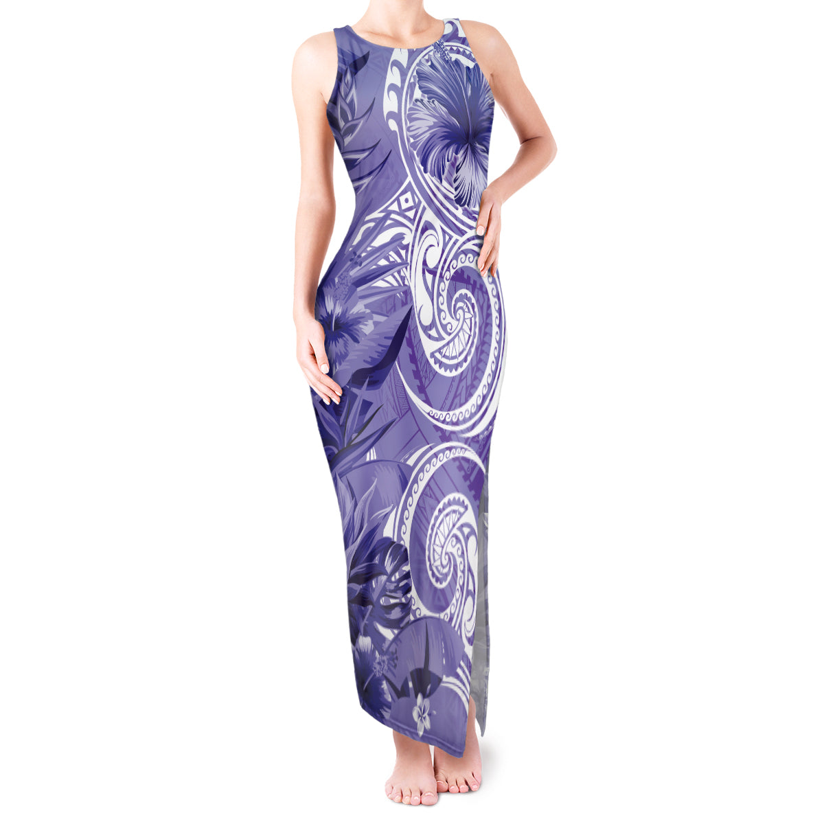 Polynesian Hibiscus Flower Tribal Tank Maxi Dress Violet Color