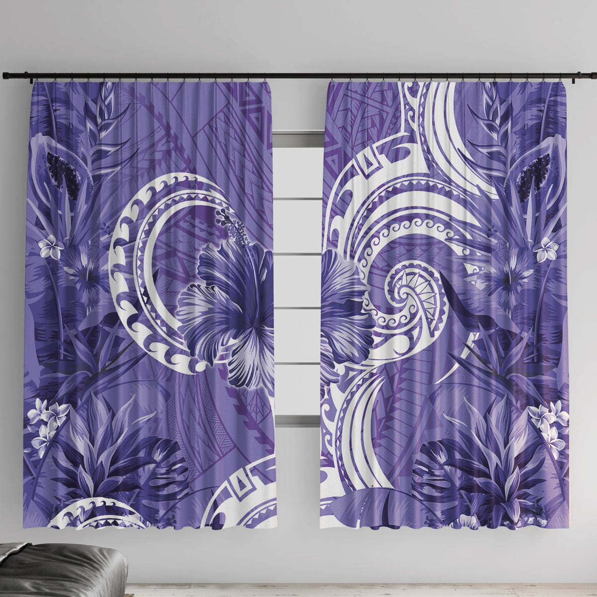 Polynesian Hibiscus Flower Tribal Window Curtain Violet Color