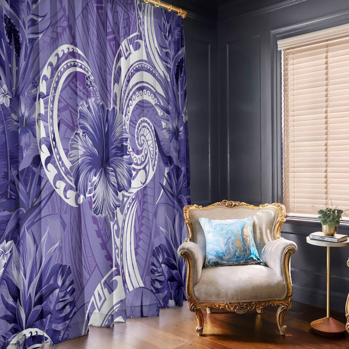 Polynesian Hibiscus Flower Tribal Window Curtain Violet Color LT9 - Polynesian Pride