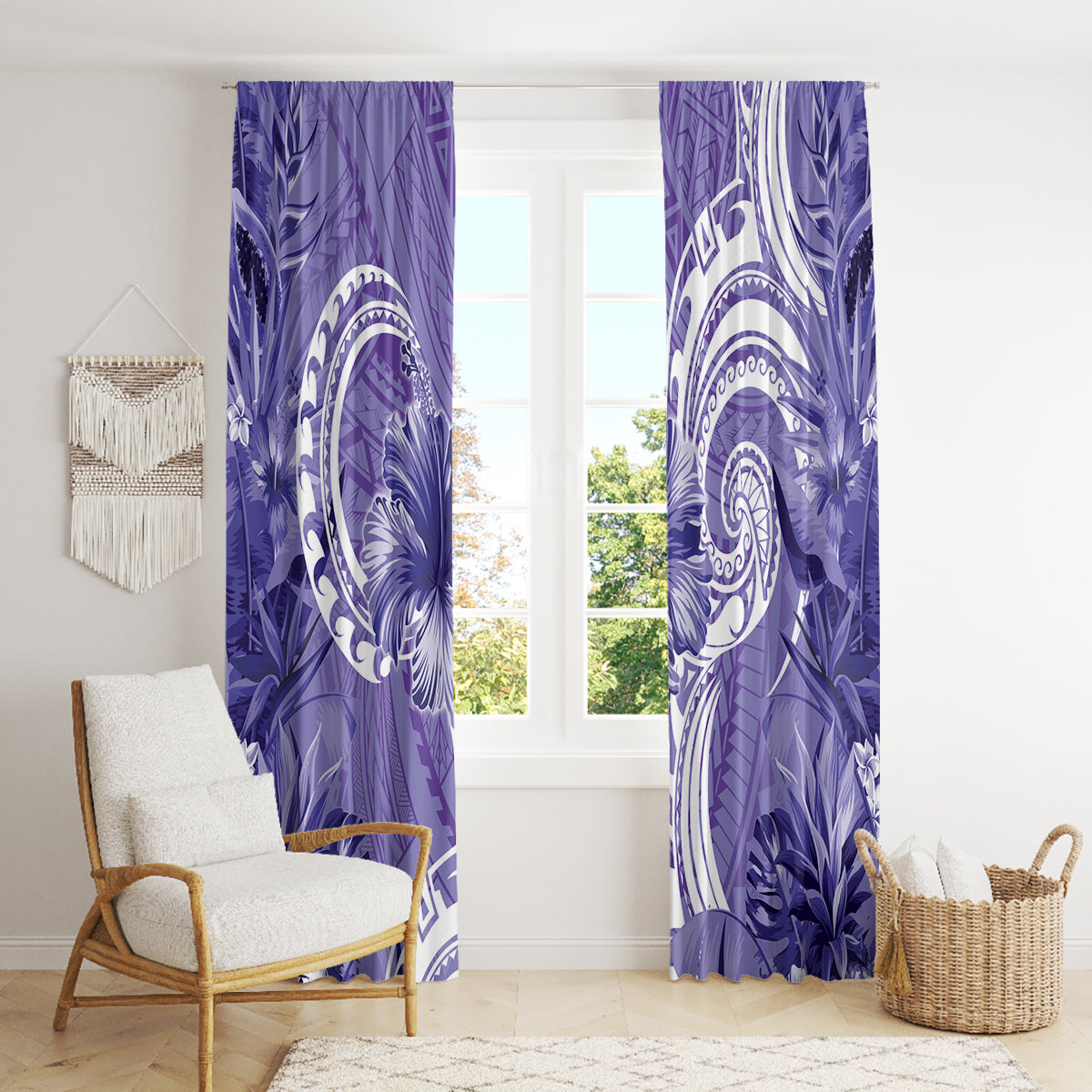 Polynesian Hibiscus Flower Tribal Window Curtain Violet Color LT9 - Polynesian Pride