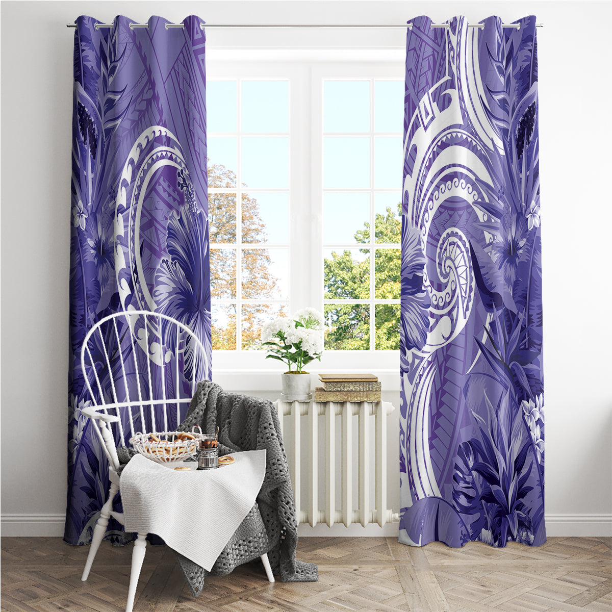 Polynesian Hibiscus Flower Tribal Window Curtain Violet Color LT9 - Polynesian Pride