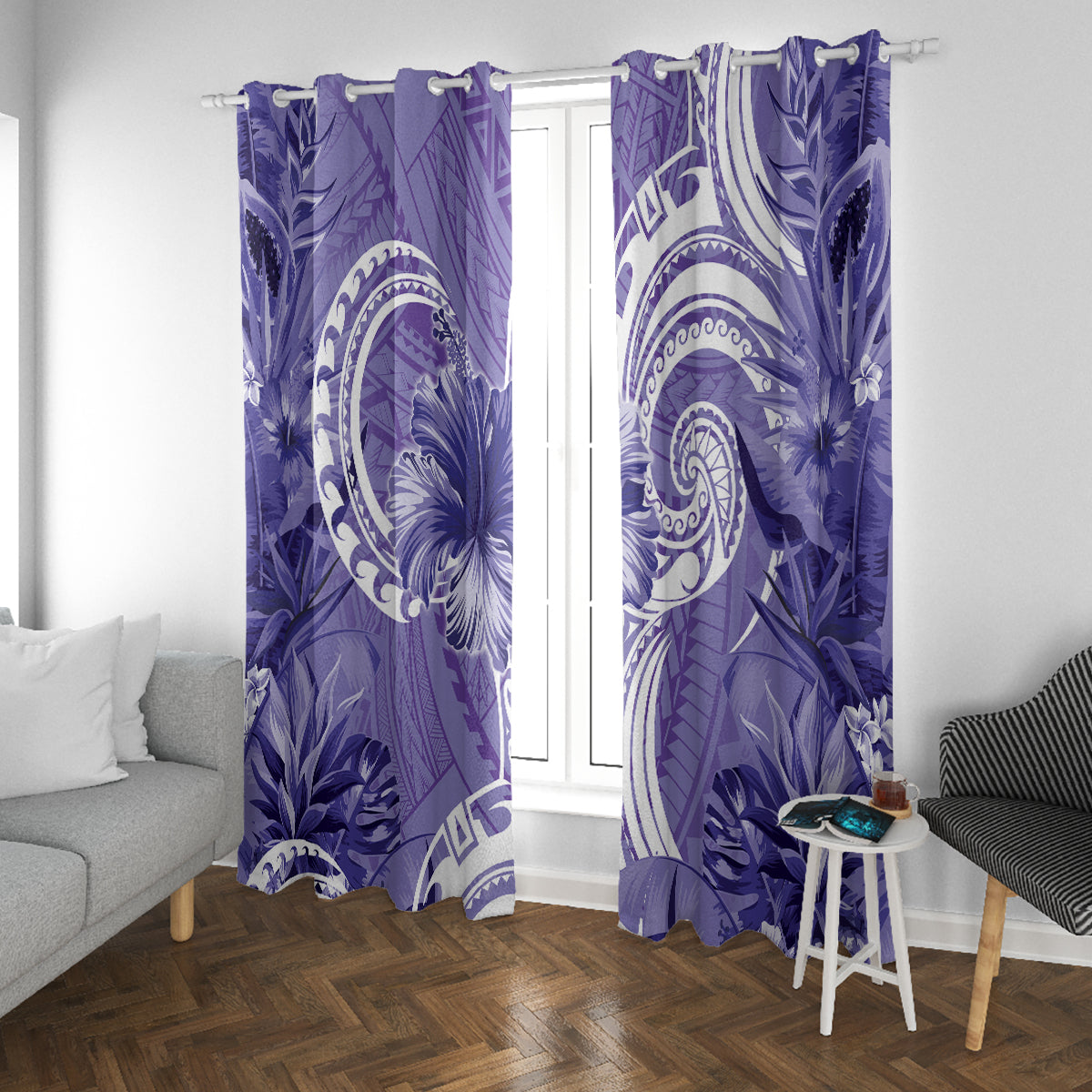 Polynesian Hibiscus Flower Tribal Window Curtain Violet Color LT9 With Grommets Violet - Polynesian Pride