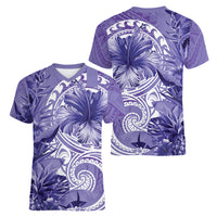 Polynesian Hibiscus Flower Tribal Women V Neck T Shirt Violet Color