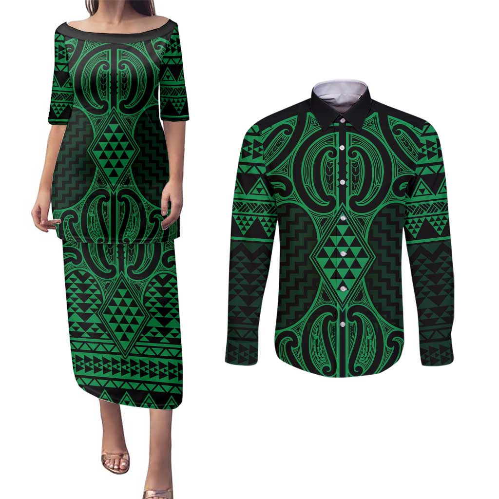 Kakariki Maori Ta Moko Poutama Art Couples Matching Puletasi and Long Sleeve Button Shirt