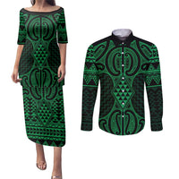Kakariki Maori Ta Moko Poutama Art Couples Matching Puletasi and Long Sleeve Button Shirt LT9 Green - Polynesian Pride