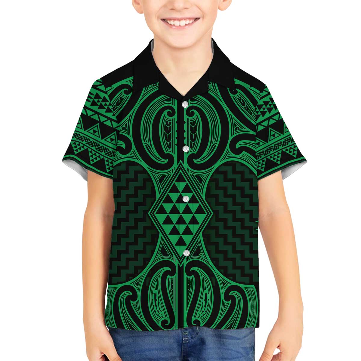 Kakariki Maori Ta Moko Poutama Art Family Matching Off The Shoulder Long Sleeve Dress and Hawaiian Shirt
