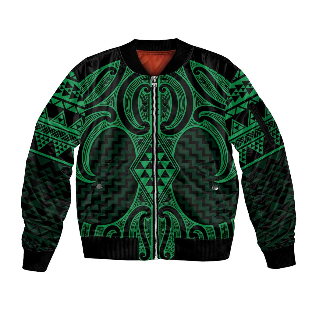 Kakariki Maori Ta Moko Poutama Art Sleeve Zip Bomber Jacket