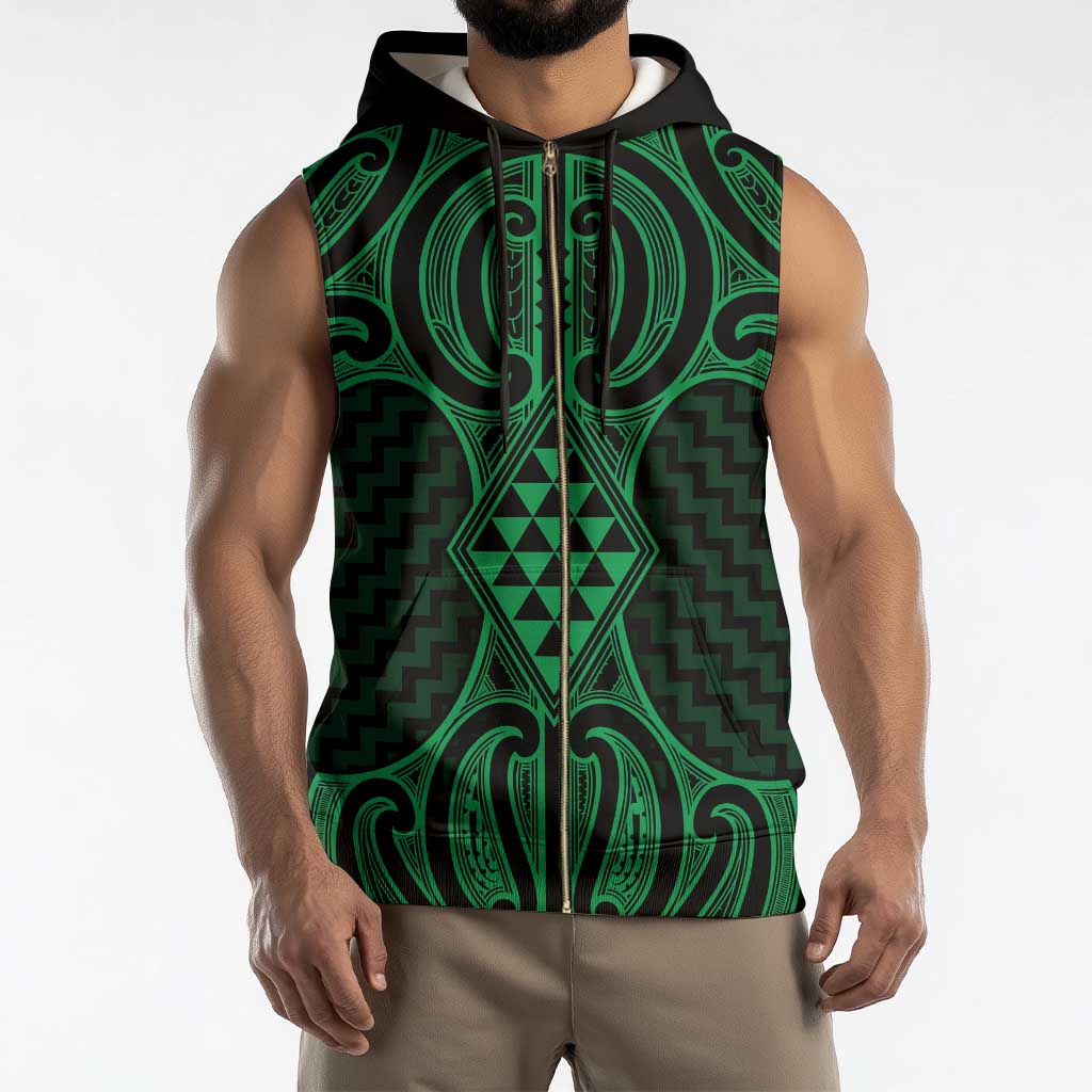 Kakariki Maori Ta Moko Poutama Art Sleeveless Zip Hoodie - Polynesian Pride