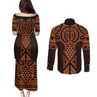 Karaka Maori Ta Moko Poutama Art Couples Matching Puletasi and Long Sleeve Button Shirt LT9 - Polynesian Pride